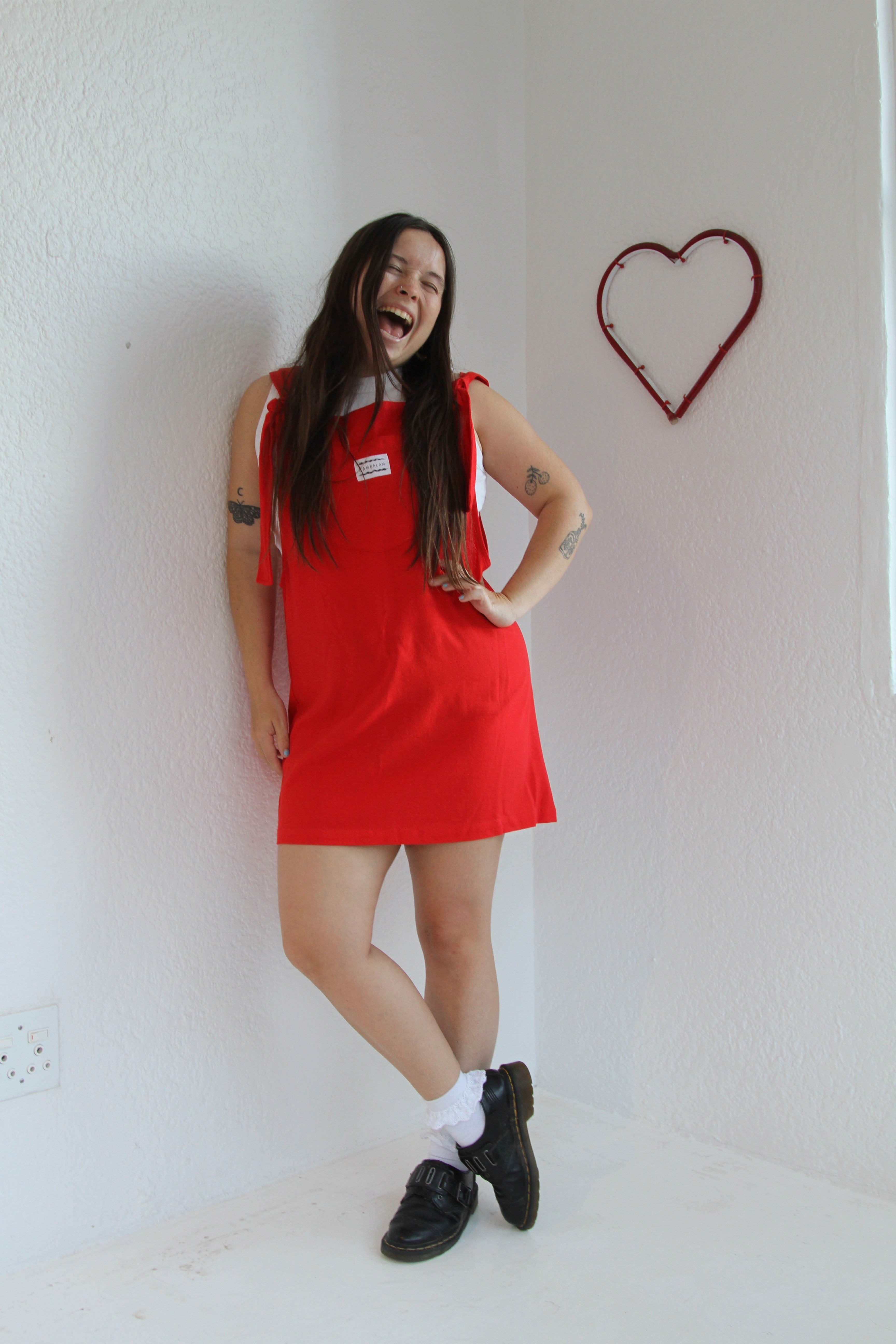 Red dungaree dress online