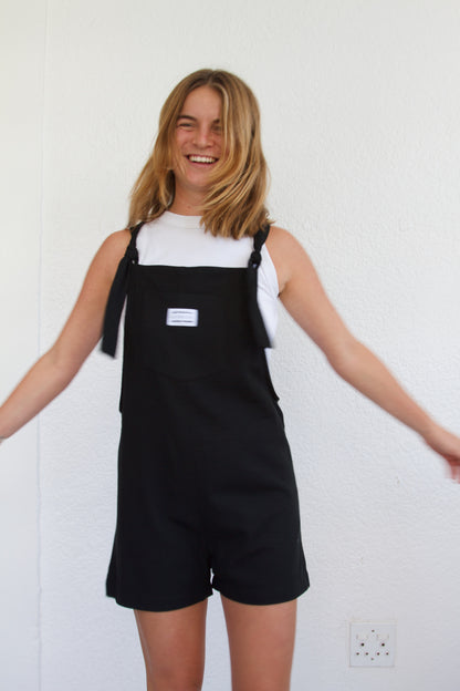 'Black ray-linen' Short dungaree