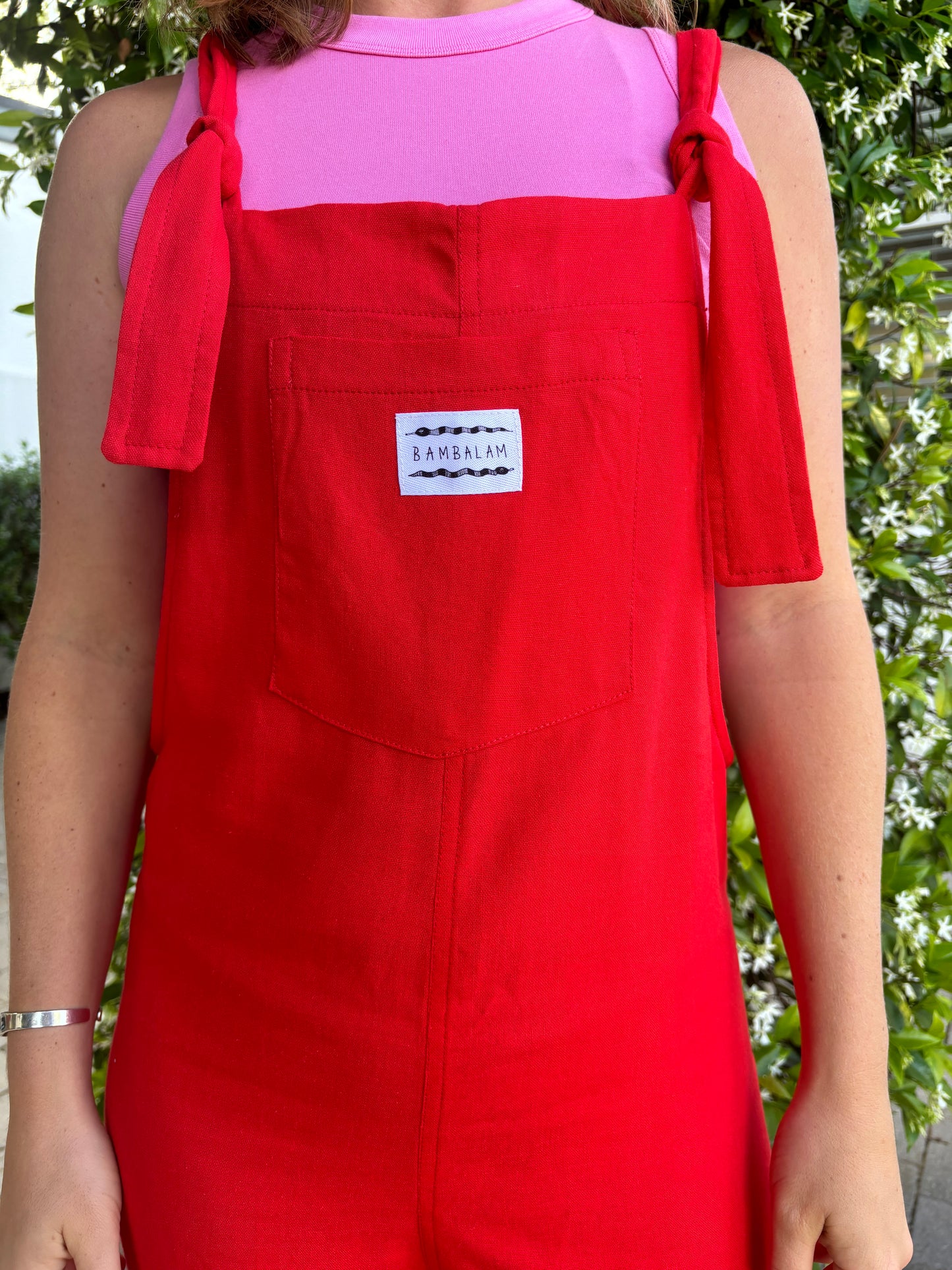 'Red ray-linen' Long dungaree