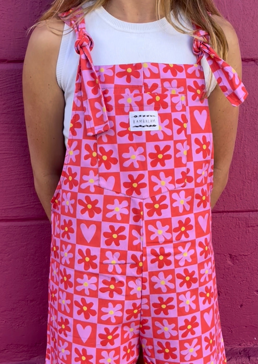 Love is the Honey long dungaree. Pink and Red checkered pattern with flowers